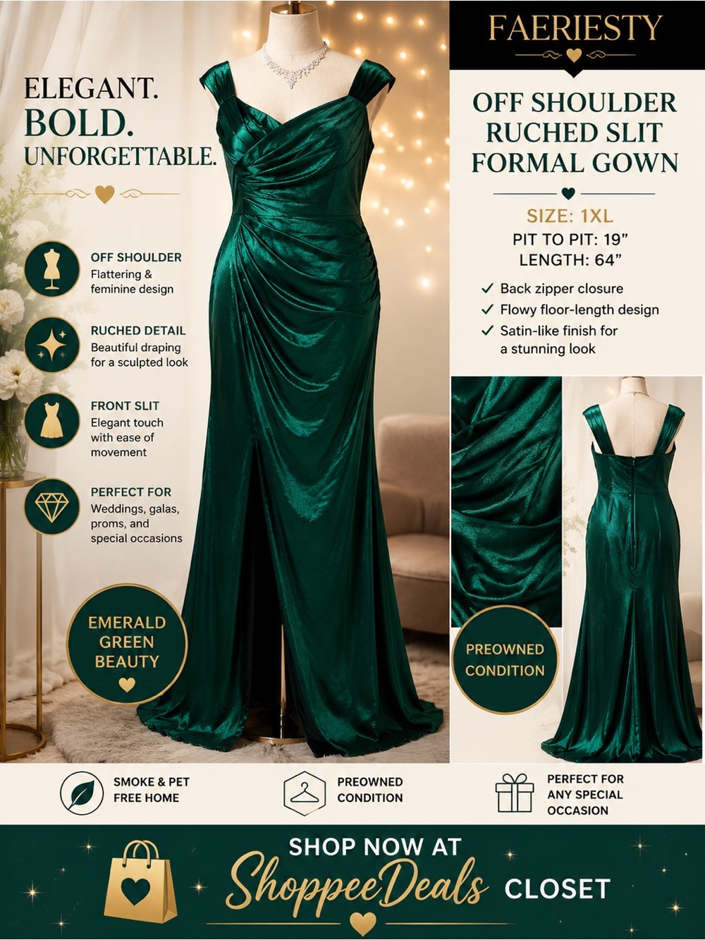 Faeriesty Emerald Green Off-Shoulder Ruched Slit Formal Gown – Women’s 1XL
